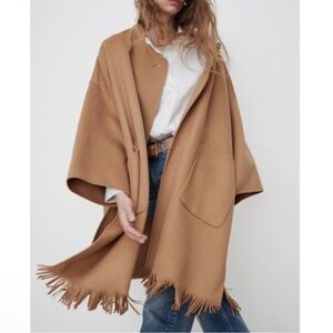 Zara Wool Blend Fringed Cape Coat